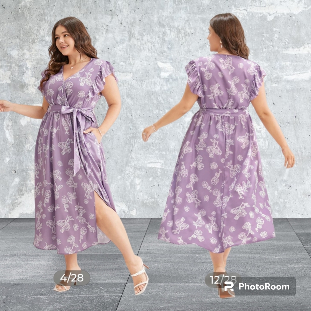 🛑Floral Ruffle Sleeve Pocket Surplice Neck Belted Dress Lilac